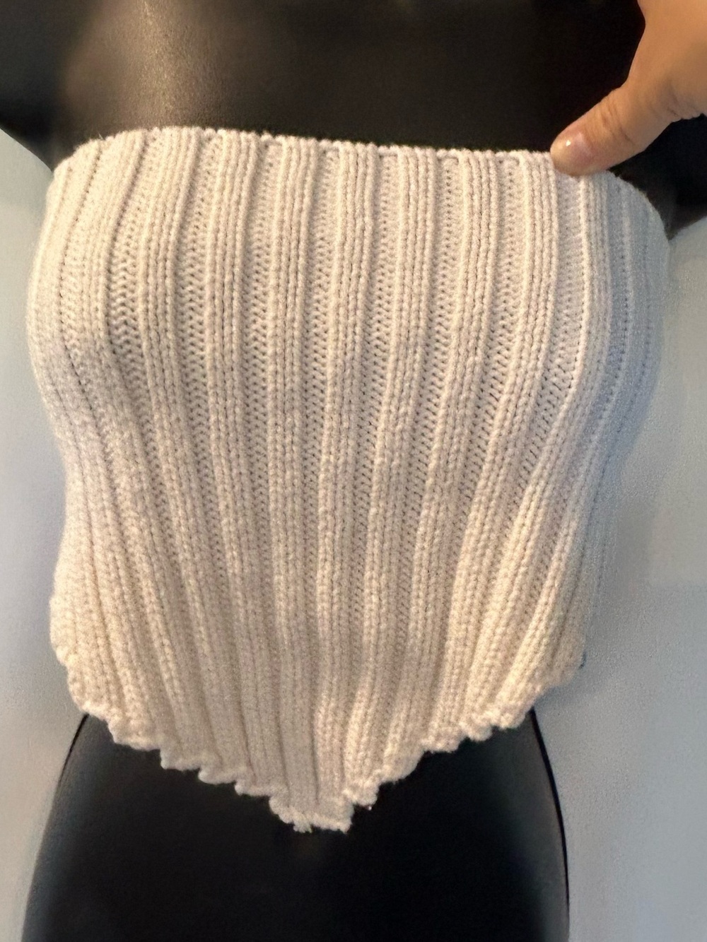 Striped Ribbed Off-the-Shoulder Point-Hem Sweater Top in Cream
